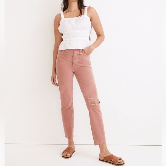 Madewell The Momjean Garment Dye Edition Coral Salmon Knee Rip Sz 28 - Picture 2 of 15